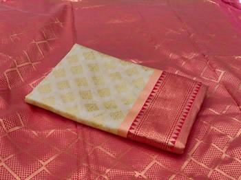 Beige Art Silk Woven Saree with Red Border     South Indian Style 5
