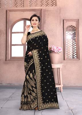Black Sequin Zari Resham Embroidered Vichitra Silk Party Wear Saree With Matching Blouse Piece 1