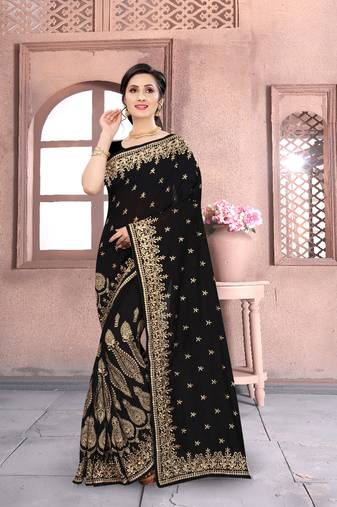 Black Sequin Zari Resham Embroidered Vichitra Silk Party Wear Saree With Matching Blouse Piece