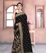 Black Sequin Zari Resham Embroidered Vichitra Silk Party Wear Saree With Matching Blouse Piece