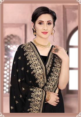 Black Sequin Zari Resham Embroidered Vichitra Silk Party Wear Saree With Matching Blouse Piece 2