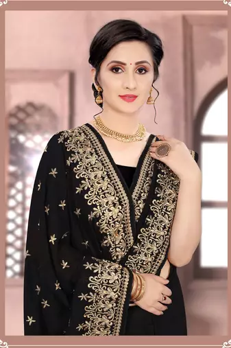 Black Sequin Zari Resham Embroidered Vichitra Silk Party Wear Saree With Matching Blouse Piece