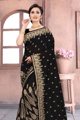 Black Sequin Zari Resham Embroidered Vichitra Silk Party Wear Saree With Matching Blouse Piece 3