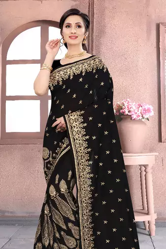 Black Sequin Zari Resham Embroidered Vichitra Silk Party Wear Saree With Matching Blouse Piece