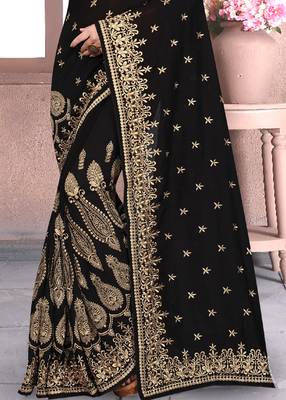 Black Sequin Zari Resham Embroidered Vichitra Silk Party Wear Saree With Matching Blouse Piece 4