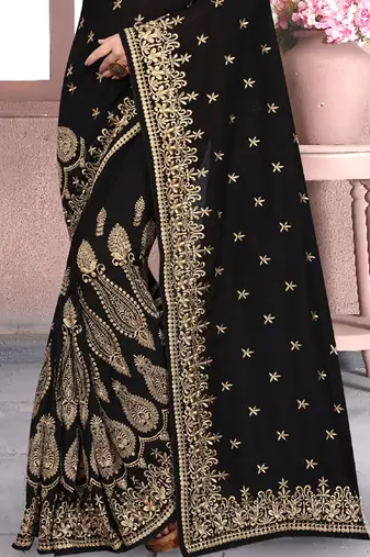 Black Sequin Zari Resham Embroidered Vichitra Silk Party Wear Saree With Matching Blouse Piece