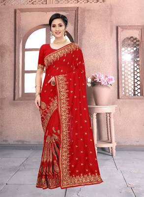 Red Sequin Zari Resham Embroidered Vichitra Silk Party Wear Saree With Matching Blouse Piece 1