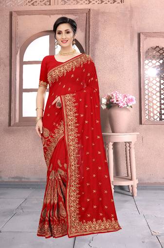 Red Sequin Zari Resham Embroidered Vichitra Silk Party Wear Saree With Matching Blouse Piece