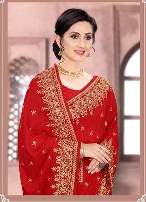 Red Sequin Zari Resham Embroidered Vichitra Silk Party Wear Saree With Matching Blouse Piece 2