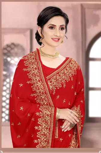 Red Sequin Zari Resham Embroidered Vichitra Silk Party Wear Saree With Matching Blouse Piece