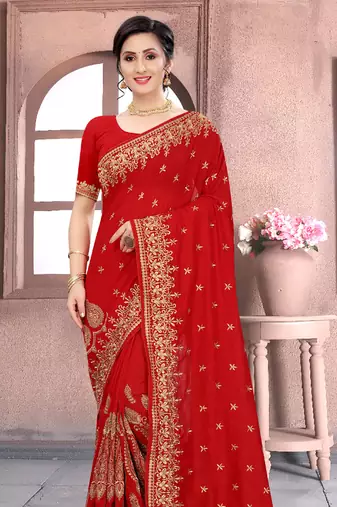 Red Sequin Zari Resham Embroidered Vichitra Silk Party Wear Saree With Matching Blouse Piece