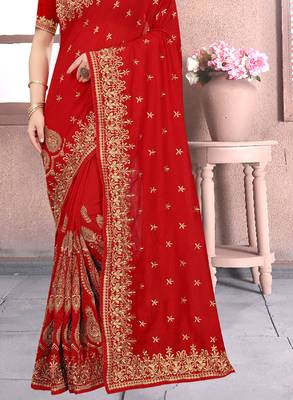 Red Sequin Zari Resham Embroidered Vichitra Silk Party Wear Saree With Matching Blouse Piece 4