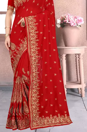 Red Sequin Zari Resham Embroidered Vichitra Silk Party Wear Saree With Matching Blouse Piece