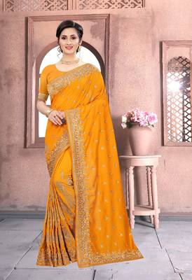Mustard Sequin Zari Resham Embroidered Vichitra Silk Party Wear Saree With Matching Blouse Piece 1