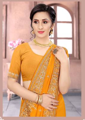 Mustard Sequin Zari Resham Embroidered Vichitra Silk Party Wear Saree With Matching Blouse Piece 2