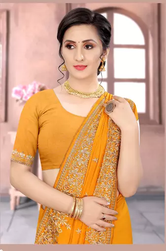 Mustard Sequin Zari Resham Embroidered Vichitra Silk Party Wear Saree With Matching Blouse Piece