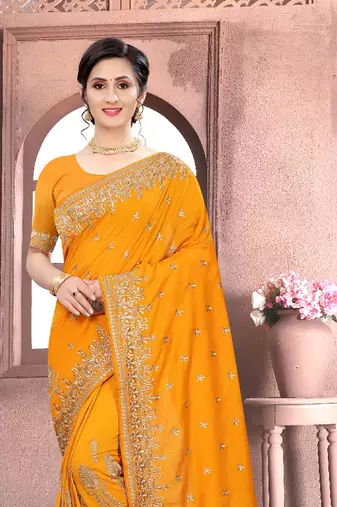 Mustard Sequin Zari Resham Embroidered Vichitra Silk Party Wear Saree With Matching Blouse Piece