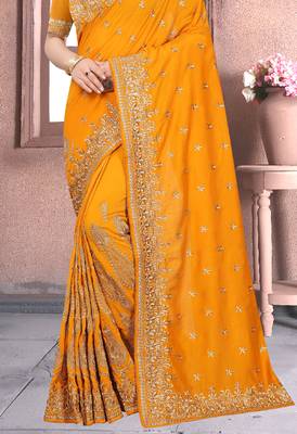 Mustard Sequin Zari Resham Embroidered Vichitra Silk Party Wear Saree With Matching Blouse Piece 4