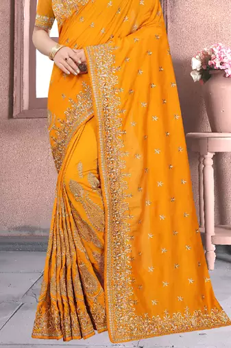 Mustard Sequin Zari Resham Embroidered Vichitra Silk Party Wear Saree With Matching Blouse Piece