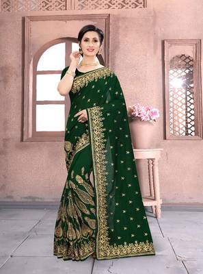 Bottle Green Sequin Zari Resham Embroidered Vichitra Silk Party Wear Saree With Matching Blouse Piece 1