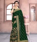 Bottle Green Sequin Zari Resham Embroidered Vichitra Silk Party Wear Saree With Matching Blouse Piece