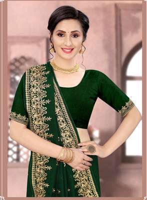 Bottle Green Sequin Zari Resham Embroidered Vichitra Silk Party Wear Saree With Matching Blouse Piece 2