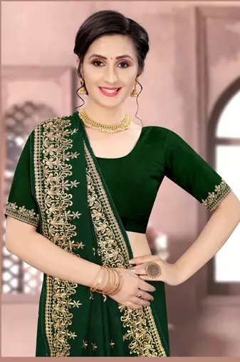 Bottle Green Sequin Zari Resham Embroidered Vichitra Silk Party Wear Saree With Matching Blouse Piece