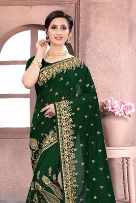 Bottle Green Sequin Zari Resham Embroidered Vichitra Silk Party Wear Saree With Matching Blouse Piece 3