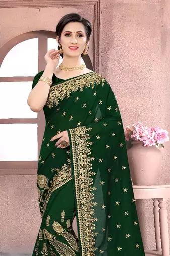 Bottle Green Sequin Zari Resham Embroidered Vichitra Silk Party Wear Saree With Matching Blouse Piece
