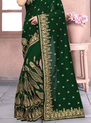 Bottle Green Sequin Zari Resham Embroidered Vichitra Silk Party Wear Saree With Matching Blouse Piece 4