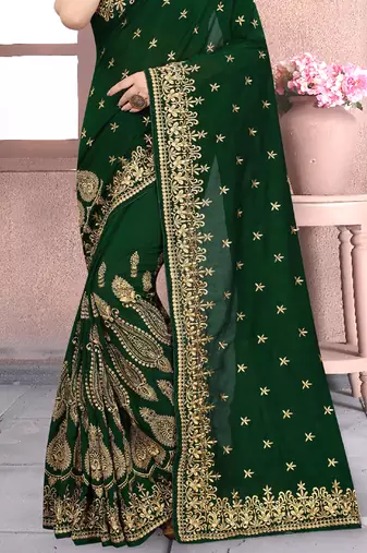 Bottle Green Sequin Zari Resham Embroidered Vichitra Silk Party Wear Saree With Matching Blouse Piece
