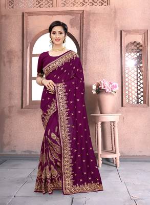 Purple Sequin Zari Resham Embroidered Vichitra Silk Party Wear Saree With Matching Blouse Piece 1