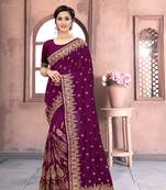 Purple Sequin Zari Resham Embroidered Vichitra Silk Party Wear Saree With Matching Blouse Piece