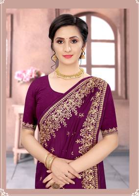 Purple Sequin Zari Resham Embroidered Vichitra Silk Party Wear Saree With Matching Blouse Piece 2