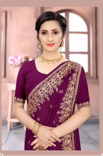 Purple Sequin Zari Resham Embroidered Vichitra Silk Party Wear Saree With Matching Blouse Piece