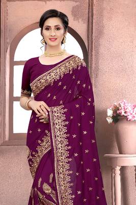 Purple Sequin Zari Resham Embroidered Vichitra Silk Party Wear Saree With Matching Blouse Piece 3