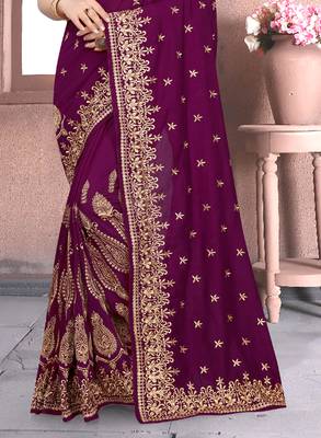 Purple Sequin Zari Resham Embroidered Vichitra Silk Party Wear Saree With Matching Blouse Piece 4