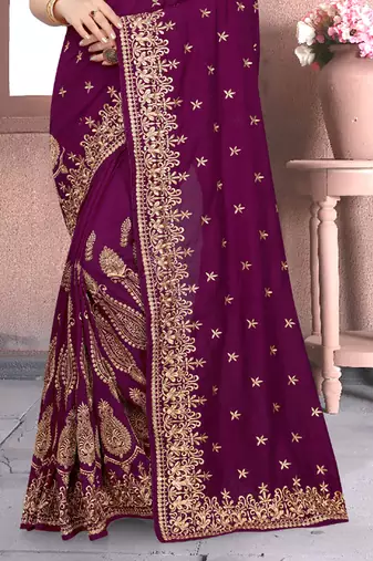 Purple Sequin Zari Resham Embroidered Vichitra Silk Party Wear Saree With Matching Blouse Piece