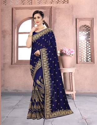 Navy Blue Sequin Zari Resham Embroidered Vichitra Silk Party Wear Saree With Matching Blouse Piece 1