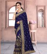 Navy Blue Sequin Zari Resham Embroidered Vichitra Silk Party Wear Saree With Matching Blouse Piece
