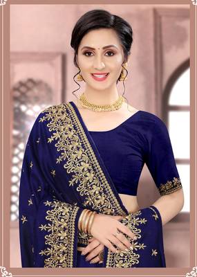 Navy Blue Sequin Zari Resham Embroidered Vichitra Silk Party Wear Saree With Matching Blouse Piece 2