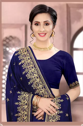 Navy Blue Sequin Zari Resham Embroidered Vichitra Silk Party Wear Saree With Matching Blouse Piece