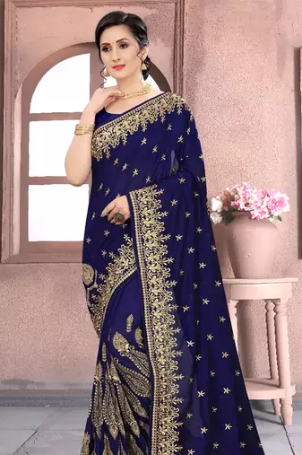 Navy Blue Sequin Zari Resham Embroidered Vichitra Silk Party Wear Saree With Matching Blouse Piece