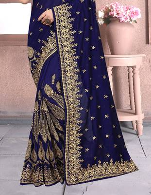 Navy Blue Sequin Zari Resham Embroidered Vichitra Silk Party Wear Saree With Matching Blouse Piece 4
