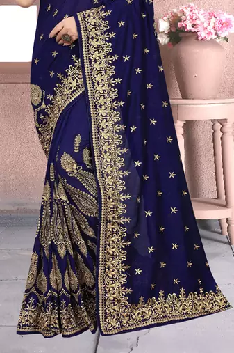 Navy Blue Sequin Zari Resham Embroidered Vichitra Silk Party Wear Saree With Matching Blouse Piece
