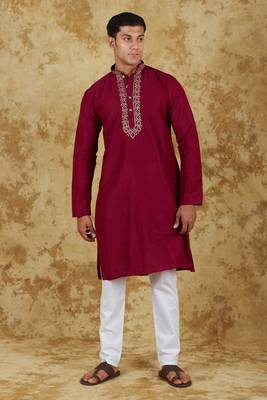 Handloom embroidered crimson  kurta set by bluesaanchi 1
