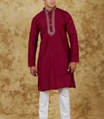 Handloom embroidered crimson  kurta set by bluesaanchi