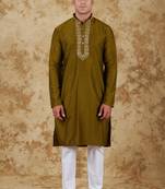 Handloom embroidered field drab kurta set by bluesaanchi