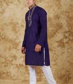 Handloom embroidered space blue kurta set by bluesaanchi