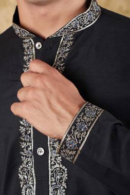 sunshine: handwoven embroidered kurta set black 4